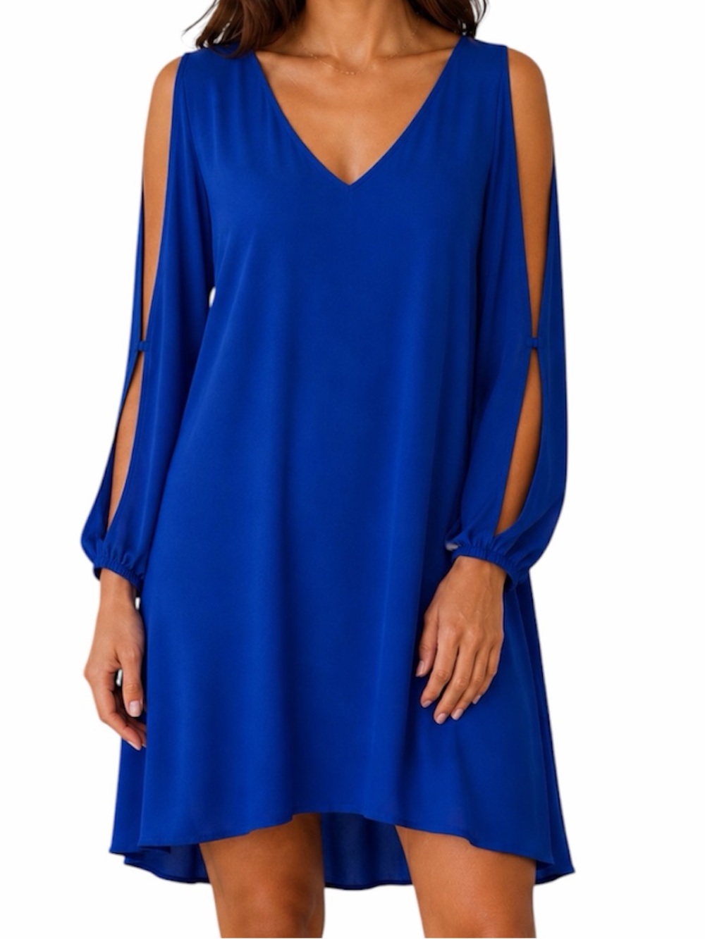 JODIFL Royal Blue V Neck Swing Dress with Open Slit Sleeves
